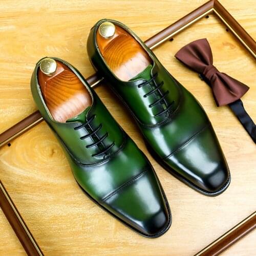 Brand Luxury Italian Genuine Leather Shoes Men Green Fashion Lace Up Brown Black Wedding BusinessFormal Shoes Men Oxfords Shoes