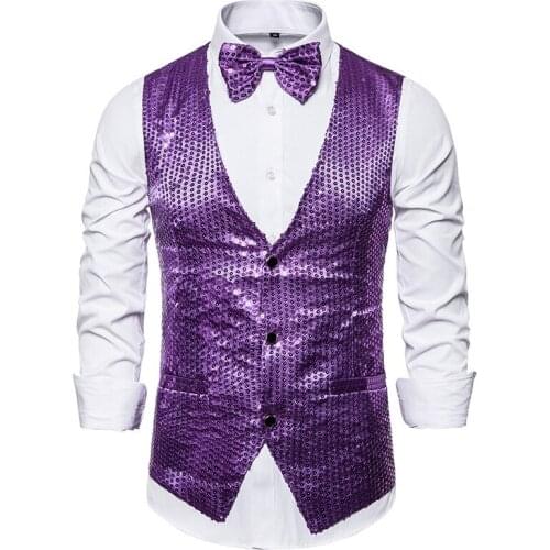 Mens Hipster V Neck Slim Fit Single Breasted Dress Vest 2021 Fashion Purple Sequins Nightclub Vest Men Stage Prom Chaleco Hombre