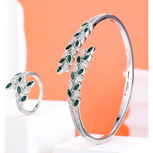 GODKI New Shell Feather Leaves 2PC Bangle Ring Set Jewelry Set For Women Wedding Party Cubic Zircon aretes de mujer modernos