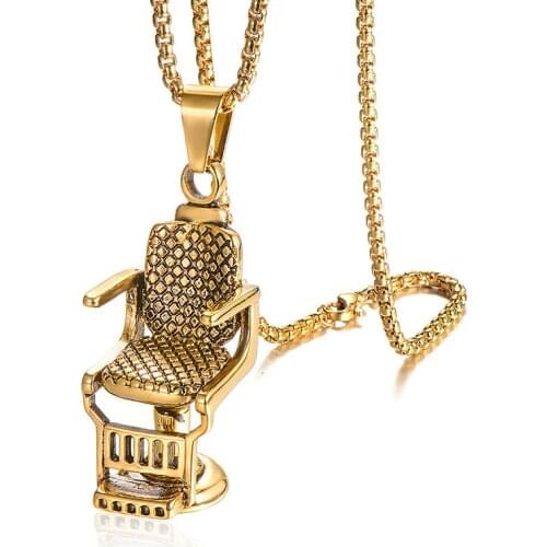 Hip Hop Rock Titanium Stainless Steel Barbershop Sofa Chair Pendants Necklace for Men Barber Jewelry Gold Color