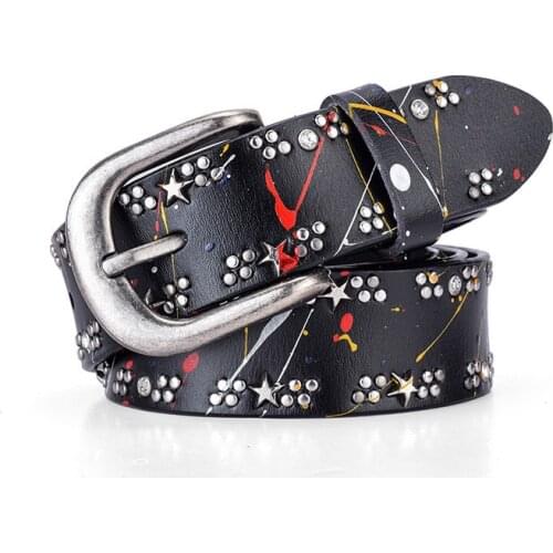 Genuine Leather Rivet Inlay Stars Pigment Belt For Women Fashion Pin Buckle Waist Women Belts Luxury Brands Leather Belt Female