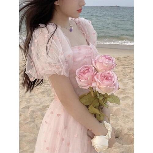 Pink Elegant Sweet Dress Women Kawaii Floral Casual Korean Pretty Dress Female Princess Designer Beach Fairy Dress Summer 2021