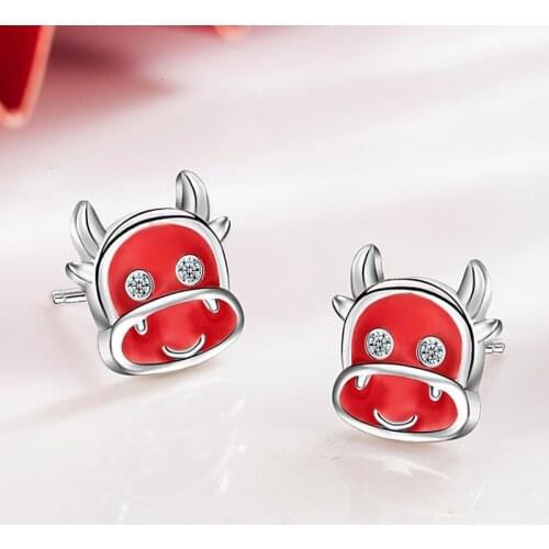 KOFSAC Latest Mini Cow Red Earrings Women Silver 925 Jewelry Rose Gold Zircon Stud Earring Girl Party Accessories Fashion Gifts
