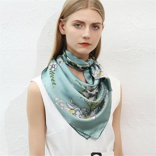 Peach-Yao luxury natural silk scarf women printed flower 100% real silk twill scarves wrap shawl square 90cm bandana lady gift