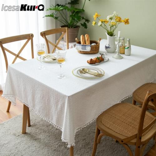 French Cotton Pure White Tablecloth Jacquard Geometric Dotted Ball of Wool Rectangular Tablecloth Coffee Table Table Cloth Cover