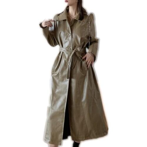 PU Leather Trench Coats For Women Slim Waist Long Windbreaker with Sashes Elegant Coats