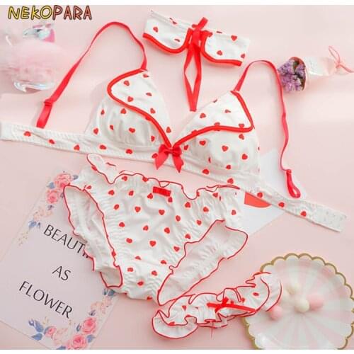 Night Party Hearts Cute Japanese Milk Silk Bra & Panties Set Underwire Underwear Intimates Set Kawaii Lolita Color White