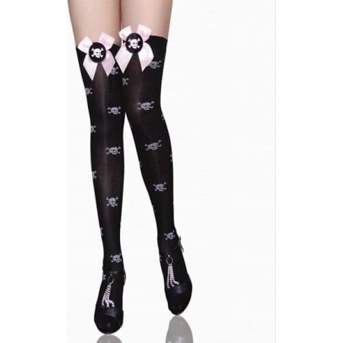 Skull Print-Applique Thigh Highs Stocking Sexy Fashion Stocking 3S8100 Nylon Thigh High Skulls Stocking
