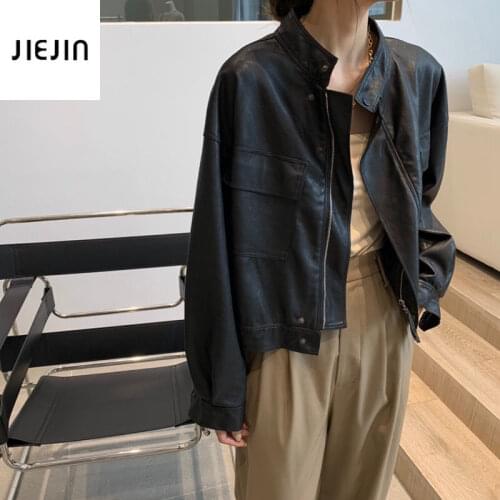 New Arrival Autumn 2021 Womens Faux Leather Jacket Biker Black Coat PU Motorcycle Jackets Loose Streetwear Leather Outerwear