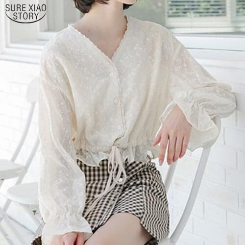 Female V-neck Casual Lace-up Shirt Flower Long-sleeve Sunscreen Top Autumn white blouse women New Korean Lace Top blusas 15706