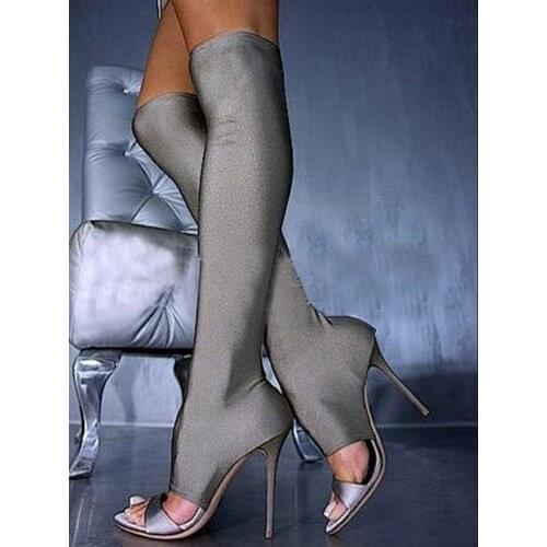 Fashon Stretch Fabric Sandal Booties Open Toe Hollow Stiletto High Heel Spring Women Shoes Runway Party Slip On Big Size Boots