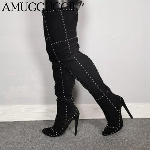 Customize 2021 New Plus Big Size 35-47 Black Zip Rivets Sexy High Heel Over The Knee Female Ladies Women Winter Boot X1932