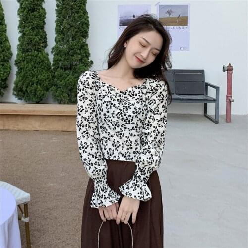 Womens Casual Long Sleeve Tops Spring 2021 Puff Sleeve Square Neck Top Printed Shirt