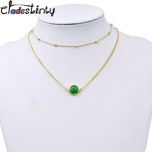 Chadestinty Faux Resin Opal Stone Pendants Necklaces Double Layer Choker Necklace Women Jewelry Gold Color Layered Chain