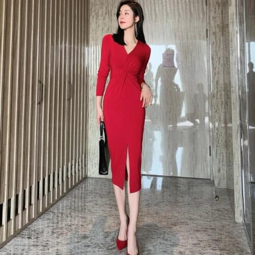 2020 Party Dress Women New Arrival V-neck Elegant Long Sleeve Mid-Calf Pleated Long Red Vestidos Frocks for Women