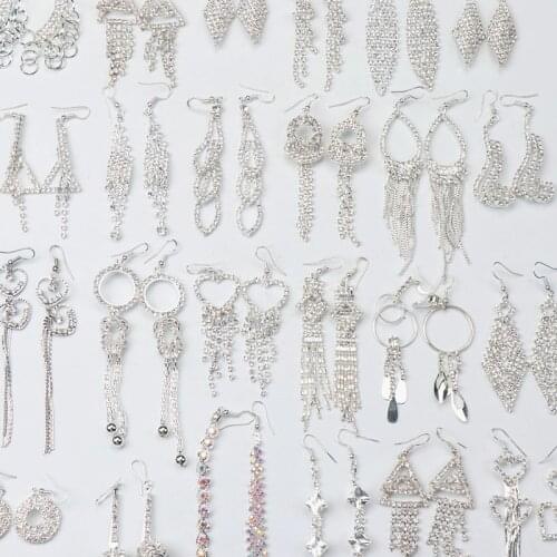 30Pairs/Lot Fashion Rhinestone Hook Drop Dangle Geometric Earrings For Women Long Hanging Silver Color Wedding Jewelry