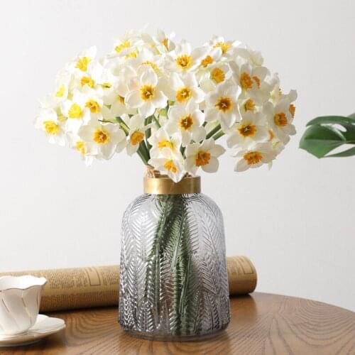 6PCS/Bunch Sweet Artificial Narcissus Flower Vivid Table Home Decoration Fake Flowers Wedding Bridal Holder Shop Decor Daffodil