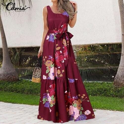Bohemian Women Maxi Dress Celmia 2021 Summer Sexy Sleeveless Floral Print Party Sundress Casual Belted Beach Long Vestidos Robe