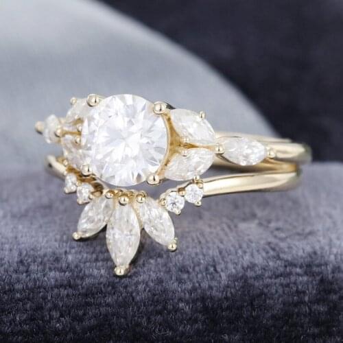 EDI Cluster Moissanites Engagement Ring 14k Yellow Gold Marquise Cut Bridal Promise Anniversary Ring Set Gift