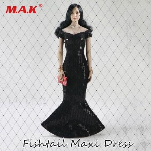 FT008 1/6 Scale Female Clothes Black Fishtail Maxi Dress With handbag Model for Woman Action Figure Body Accessory
