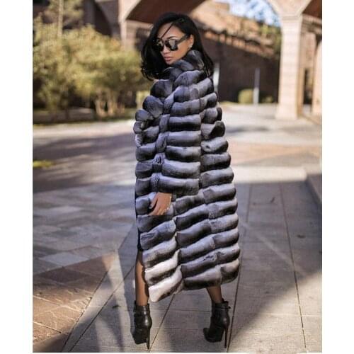 FURSARCAR Luxury Rex Rabbit Warm New Long Fur Jacket Fashion Turndown Collar Chinchilla Winter Natural Fur Coat Women