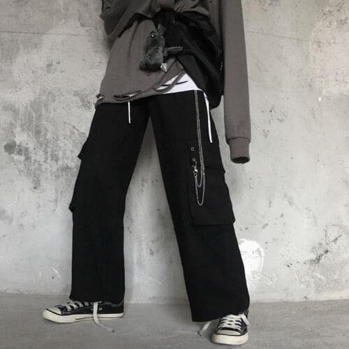 HOUZHOU Hippie Streetwear Black Cargo Pants With Chain Gothic Harajuku Hip Hop Vintage Oversized Wide Leg Trousers Female Dark