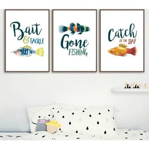 Gone Fishing Themed Party Watercolor Canvas Poster Nursery Wall Art Print Bait and Tackle Quote Painting Picture Boys Room Decor