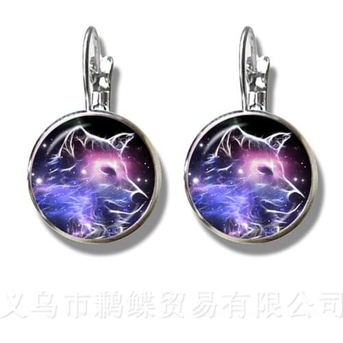 Classic 16mm Glass Dome Stud Earrings Wolf Head Pattern Glass Metal Buckle Punk Jewelry Silver Plated Earrings For Women
