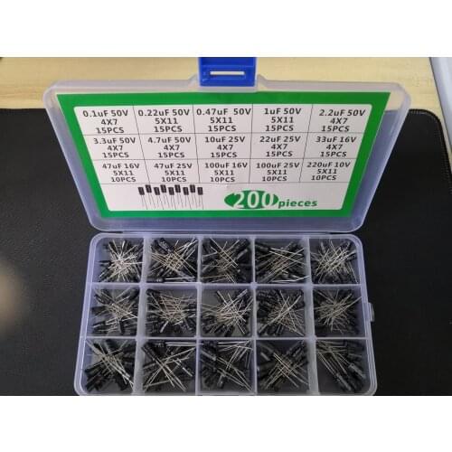 15Value 200PCS Aluminum electrolytic capacitor kit 50v 25v 16V 10V 0.1/0.22/0.47/1/2.2/3.3/4.7/10/22/33/47/100/220uf Assort box