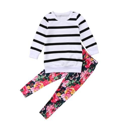 Striped Floral Baby Girls Clothing Sets Summer Outfits Clothes Striped Long Sleeve Cotton T-shirt Tops+ Floral Pants Kids Set