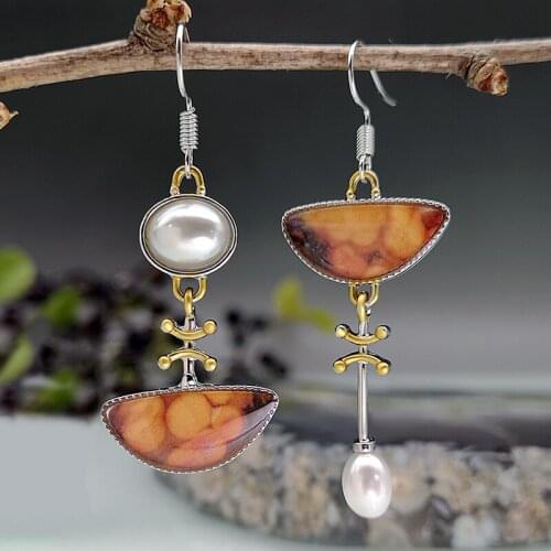 Creative Asymmetry Pearl Earring Vintage Two Tone Temperament Wedding Jewelry Triangular Orange Resin Drop Earring For Women