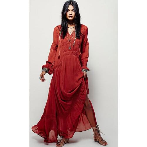 Summer wave of travel ethical wave sima is pure color fine embroidery is loose and long V get vacationing dress