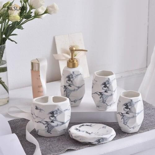Nordic Marble Texture Bathroom Set Ceramic Accessories Toothbrush Holder Lotion Bottle Soap Dish Bath Mouth Cup Five Piece Set