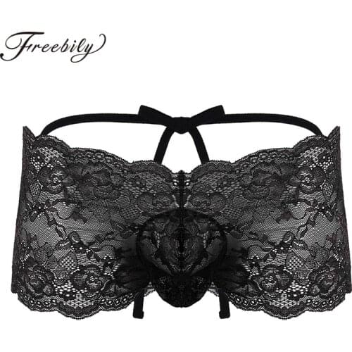 Mens Lingerie See Through Floral Lace Up Low Rise Sissy Panties String Pouch Thong Lace Briefs Sexy Gay Tanga Underwear