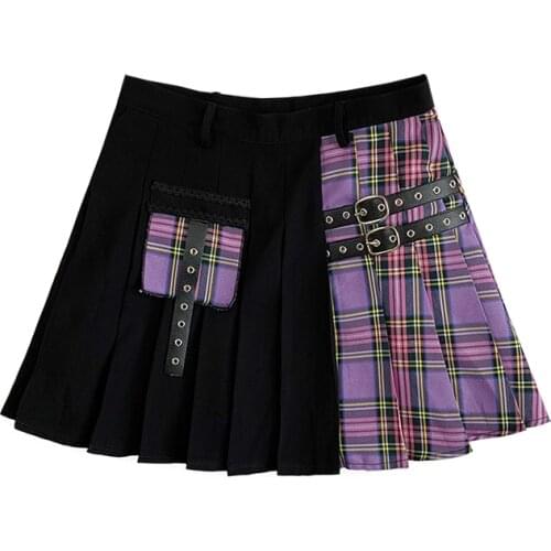 Japanese harajuku original black purple patch pleated skirt sweet cute punk lether belt hot girls mini plaid cake skirt