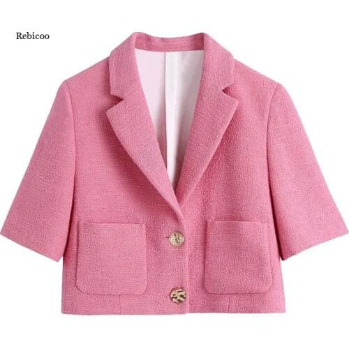 Women Fashion with Pockets Tweed Blazers Coat Vintage Notched Collar Short Sleeve Female Outerwear Chic Tops