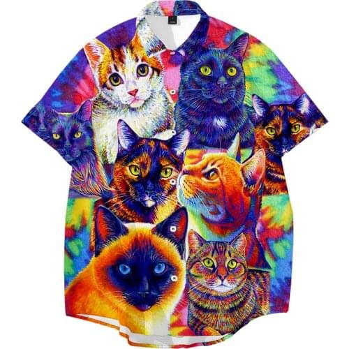 LCFA brand Mens Shirts Vintage Street Short Sleeve Summer Thin Material Hawaiian Shirt Men Blouse Male Top 3D psychedelic cat