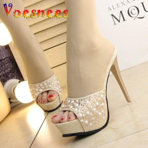 Sparkling Diamond Slippers Sexy Sequin Cloth High Heel 13CM Platform Sandals Women 2021 Wedding Shoes Car Show Female Stilettos