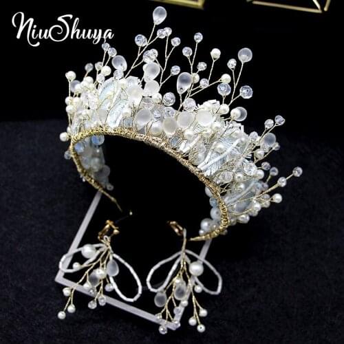 NiuShuya Rich White Pearl Crystal Bride Hair Accessories Wedding Crown Headband Hair Band Bride Wedding Headdress Accessories