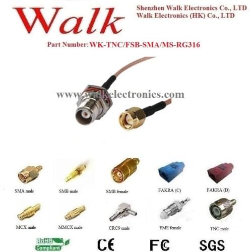 TNC female SMA male RG316 cable, TNC SMA rg316 cable, TNC female straight connector cable