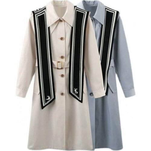 #6019 White Blue Spring Autumn Double Collar Trench Coat Shawl Loose Casaco Feminino Long Sleeve Straight Pockets Waist Button