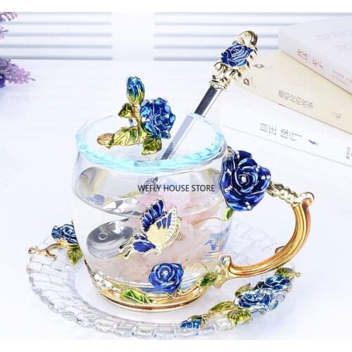 Creative Blue Rose Enamel Crystal Tea Cup Coffee Mug Butterfly Rose Painted Flower Water Cups Clear Glass with Spoon Set