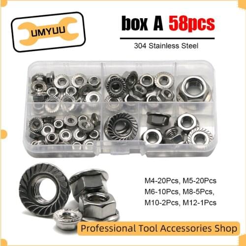 UMYUU 58Pcs High Quality Metric Thread M4 M5 M6 M8 M10 M12 Hex Flange Nuts Assortment Kit 304 Stainless Steel DIN6923