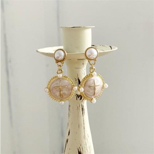 Vintage Cross Round Pendant Non Pierced Earrings Baroque Big Earrings