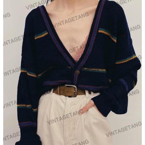 B-TOTO American Retro Navy Blue V-neck Striped Sweater Coat Lazy Knit Cardigan 2021 New Fashion