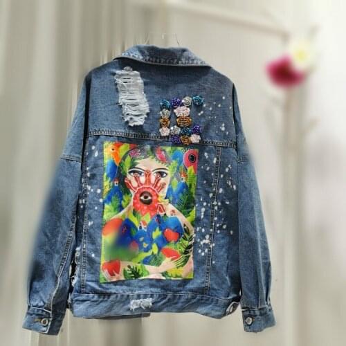Embroidery Turn Down Collar Loose Harajuku Plus Size Autumn Denim Coat Sequin Jacket Women Appliqué Jeans Jacket Women Clothes