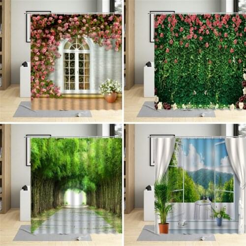 Flower Plant Scenery Shower Curtain Spring Green Bamboo Flower Wall 3D Window Bathroom Decor Polyester Cloth Hanging Curtain Set