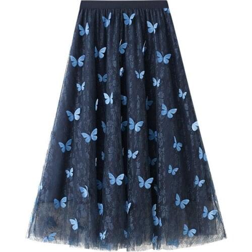 2021 New Three-dimensional Butterfly Pattern Long Tulle Skirt A-line High Waist Mesh Tutu Skirts Womens Autumn Winter Arrival