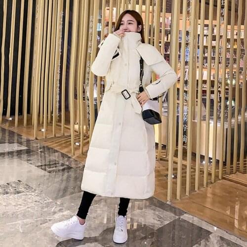 2020 Women New Hooded Long Down Cotton Jacket Coat Winter Women Casual Thick Pocket Solid Waterproof White Down Parka Waist Belt