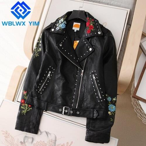 High quality PU Leather Jacket Women Fashion Flower embroidery Motorcycle Jackets Short Biker Coat Female Faux Leather Jacket
